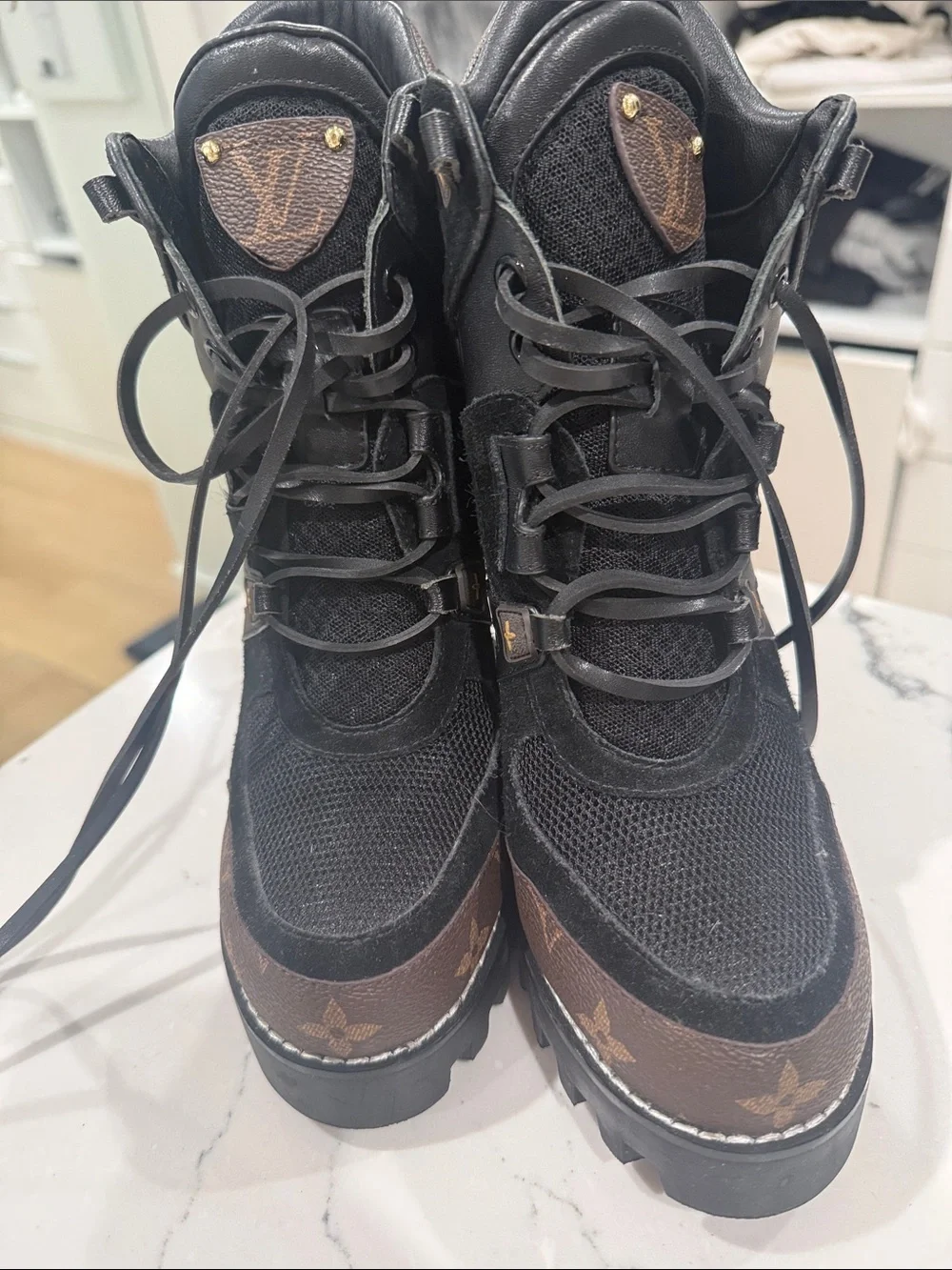 Women’s Black and Brown Lace-Up Heeled Bootie